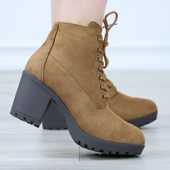 Tan Ankle Boots Chunky Block Lug High Heel Booties Lace-Up - Picture 2 of 12